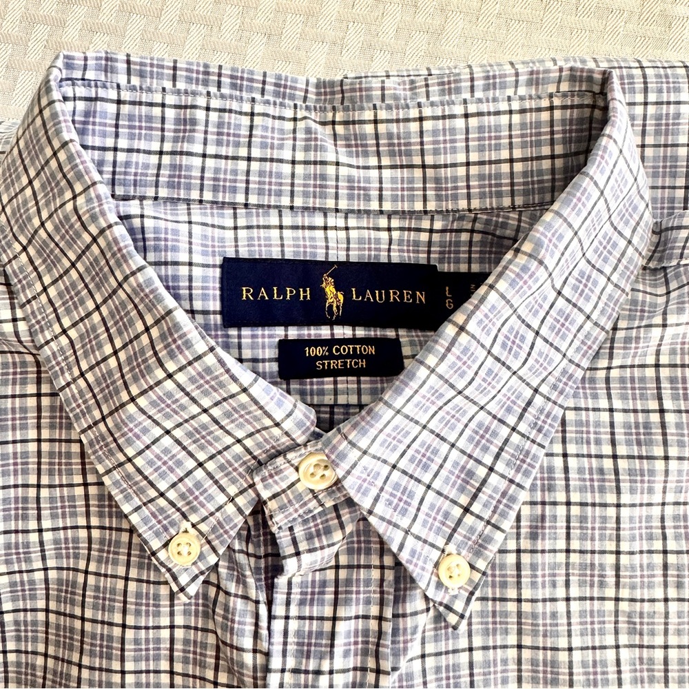 Ralph Lauren Mens Large Blue Purple Plaid Cotton Stretch Button Down Shirt L